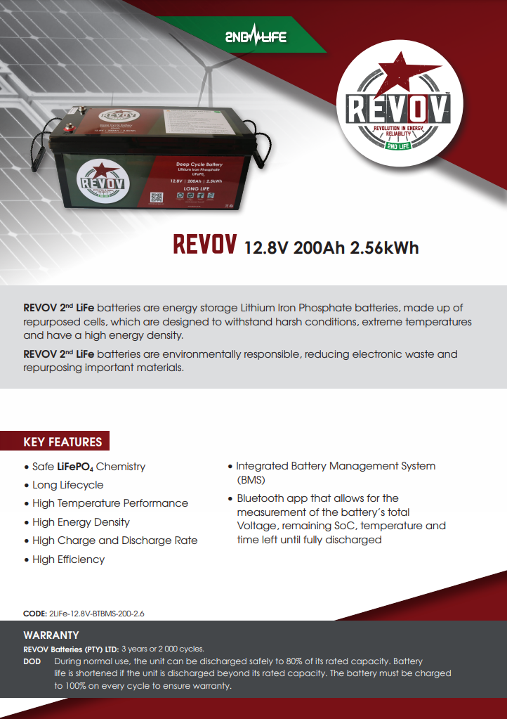 REVOV 12V 200Ah 2.56kWh Lithium-ion Phosphate Battery (2nd Life)